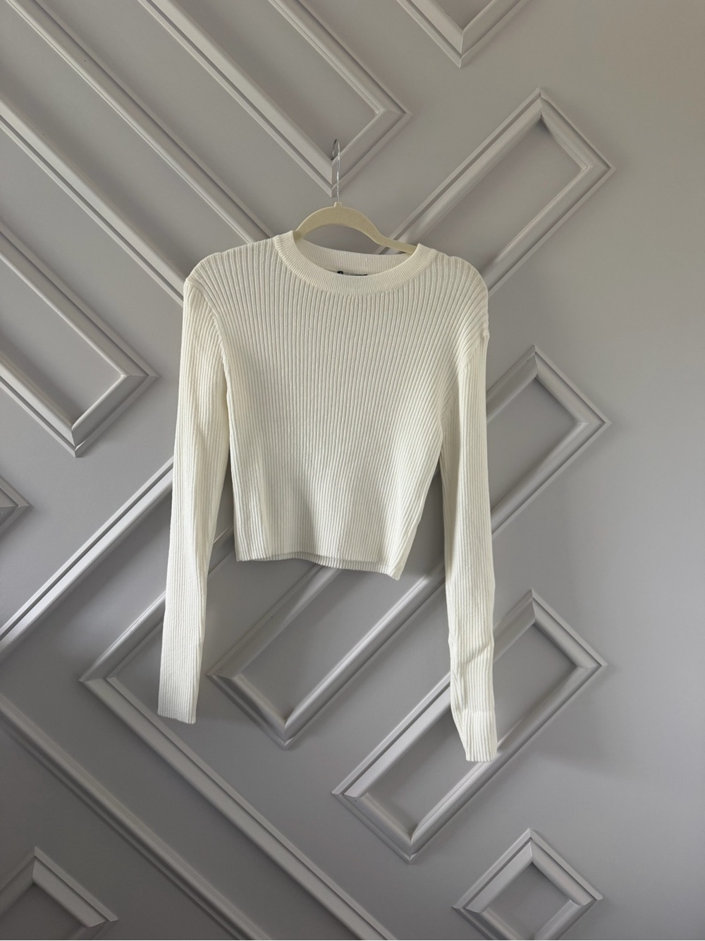 White Ribbed Long-Sleeve Knit Sweater Top